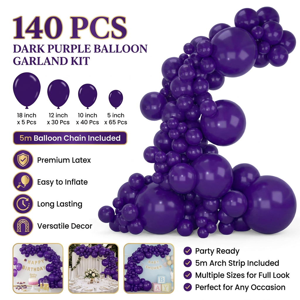 140PCS Deep purple Balloon Garland Kit Latex Balloon Arch Set for Birthday Wedding Party Decoration Deep purple Party Balloon Arch Kit with Multiple Sizes