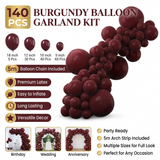 140PCS Wine red Balloon Garland Kit Latex Balloon Arch Set for Birthday Wedding Party Decoration Wine red Party Balloon Arch Kit with Multiple Sizes