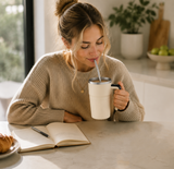 White Self Stirring Coffee Mug Electric Temperature Display Cup 14.4cm (5.67in) Stainless Steel Insulated Travel Mug with 3-Piece Stainless Steel Straw Set for Coffee Milk Protein Shakes - Side View