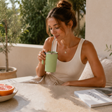 Green Self Stirring Coffee Mug Electric Temperature Display Cup 14.4cm (5.67in) Stainless Steel Insulated Travel Mug with 3-Piece Stainless Steel Straw Set for Coffee Milk Protein Shakes - Front View