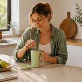 Green Self Stirring Coffee Mug Electric Temperature Display Cup 14.4cm (5.67in) Stainless Steel Insulated Travel Mug with 3-Piece Stainless Steel Straw Set for Coffee Milk Protein Shakes - Side View