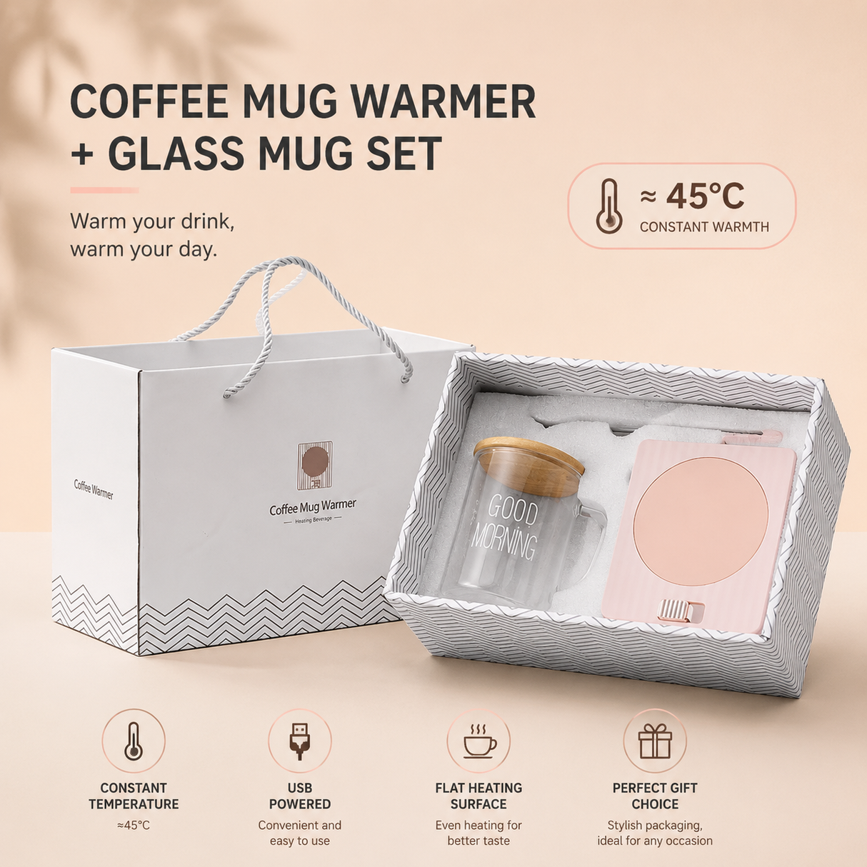 Pink Coffee Mug Warmer Set with Glass Mug and Lid USB Powered 13W Constant Temperature Heating Coaster Approx 45C for Office Home Gift Use