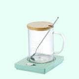 Green Coffee Mug Warmer Set with Glass Mug and Lid USB Powered 13W Constant Temperature Heating Coaster Approx 45C for Office Home Gift Use - Front View