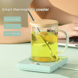 Green Coffee Mug Warmer Set with Glass Mug and Lid USB Powered 13W Constant Temperature Heating Coaster Approx 45C for Office Home Gift Use - Side View