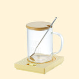Yellow Coffee Mug Warmer Set with Glass Mug and Lid USB Powered 13W Constant Temperature Heating Coaster Approx 45C for Office Home Gift Use - Front View