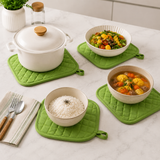 4 Pack Heat Resistant Pot Holders - Green Cotton Silver Coated Quilted Kitchen Heat Pads Non Slip Oven Mats 18x18cm Baking Cooking Microwave Use Durable Thermal Protection - Front View