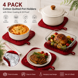 4 Pack Heat Resistant Pot Holders - Red Cotton Silver Coated Quilted Kitchen Heat Pads Non Slip Oven Mats 18x18cm Baking Cooking Microwave Use Durable Thermal Protection