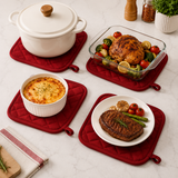 4 Pack Heat Resistant Pot Holders - Red Cotton Silver Coated Quilted Kitchen Heat Pads Non Slip Oven Mats 18x18cm Baking Cooking Microwave Use Durable Thermal Protection - Front View