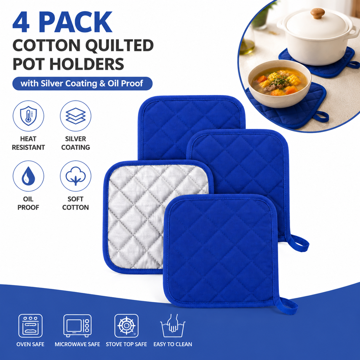 4 Pack Heat Resistant Pot Holders - Blue Cotton Silver Coated Quilted Kitchen Heat Pads Non Slip Oven Mats 18x18cm Baking Cooking Microwave Use Durable Thermal Protection