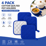 4 Pack Heat Resistant Pot Holders - Blue Cotton Silver Coated Quilted Kitchen Heat Pads Non Slip Oven Mats 18x18cm Baking Cooking Microwave Use Durable Thermal Protection