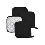 4 Pack Heat Resistant Pot Holders - Black Cotton Silver Coated Quilted Kitchen Heat Pads Non Slip Oven Mats 18x18cm Baking Cooking Microwave Use Durable Thermal Protection
