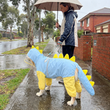 Blue Dog Raincoat Dinosaur Hooded Waterproof Jacket 5XL Size with Leash Hole Removable Tail Cover Full Body Coverage Pet Rain Coat for Outdoor Walking Large Dogs - Front View
