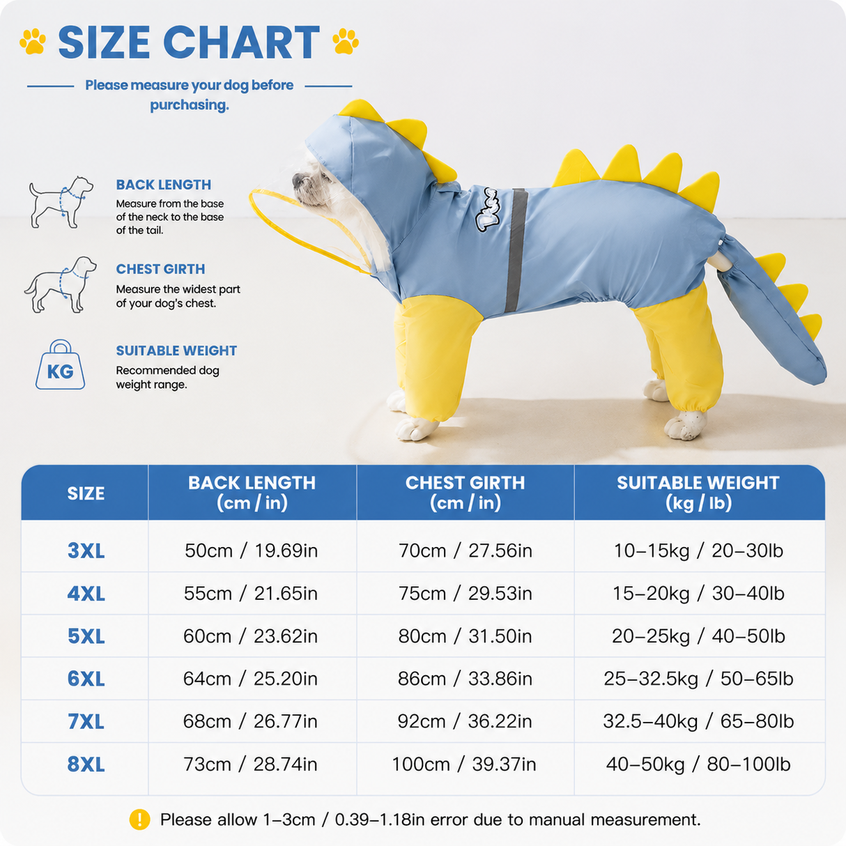 Blue Dog Raincoat Dinosaur Hooded Waterproof Jacket 7XL Size with Leash Hole Removable Tail Cover Full Body Coverage Pet Rain Coat for Outdoor Walking Large Dogs