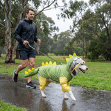 Green Dog Raincoat Dinosaur Hooded Waterproof Jacket 4XL Size with Leash Hole Removable Tail Cover Full Body Coverage Pet Rain Coat for Outdoor Walking Large Dogs - Front View