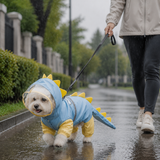 Blue Size XL Waterproof Dinosaur Dog Raincoat with Harness Hole Full Body Pet Rain Jacket for Small Dogs Tail Cover Lightweight Outdoor Walking - Front View