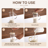 Manual Milk Frother Glass Mug 450ml Hand Press Coffee Foamer Stainless Steel Filter Barista Style Milk Foam Maker for Home Coffee Latte Cappuccino - Close-Up Angle