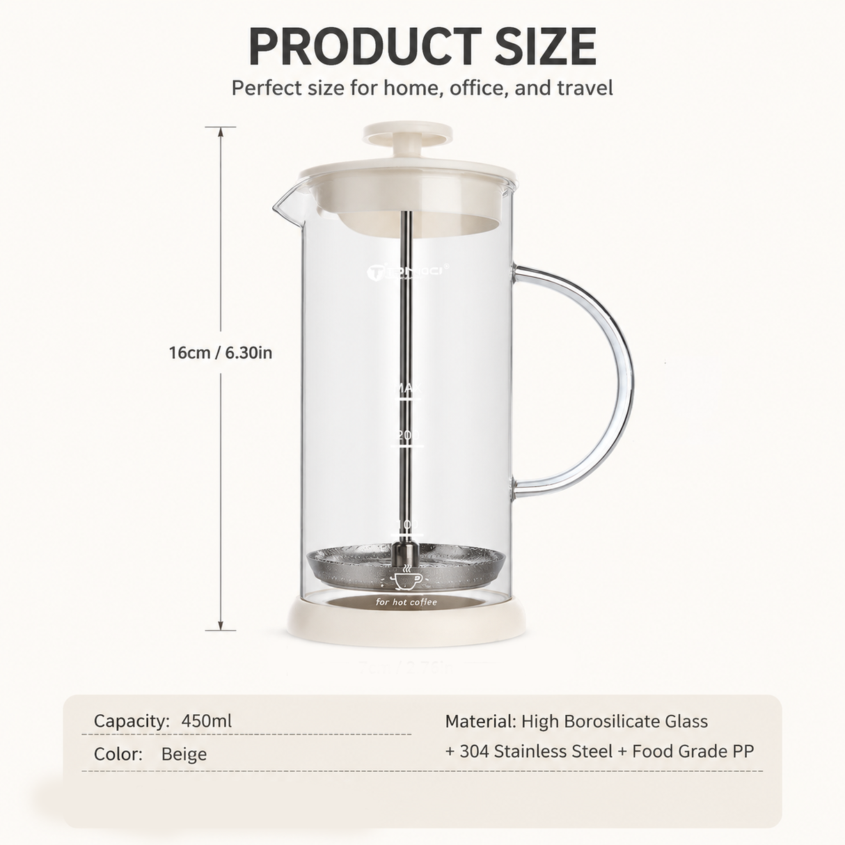 Manual Milk Frother Glass Mug 450ml Hand Press Coffee Foamer Stainless Steel Filter Barista Style Milk Foam Maker for Home Coffee Latte Cappuccino