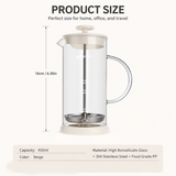 Manual Milk Frother Glass Mug 450ml Hand Press Coffee Foamer Stainless Steel Filter Barista Style Milk Foam Maker for Home Coffee Latte Cappuccino - Low Angle