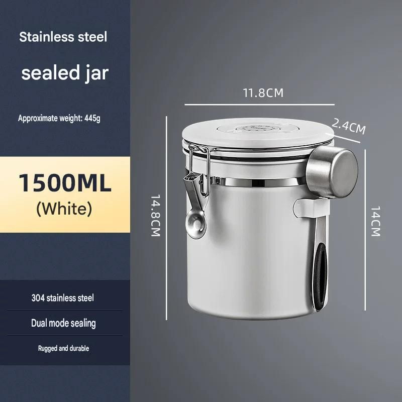 White 304 Stainless Steel Airtight Coffee Canister 1500ml Vacuum Seal Storage Jar with Date Tracker & Measuring Scoop for Coffee Beans Tea Storage
