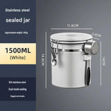 White 304 Stainless Steel Airtight Coffee Canister 1500ml Vacuum Seal Storage Jar with Date Tracker & Measuring Scoop for Coffee Beans Tea Storage - Close-Up Angle