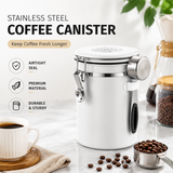 White 304 Stainless Steel Airtight Coffee Canister 1800ml Vacuum Seal Storage Jar with Date Tracker & Measuring Scoop for Coffee Beans Tea Storage - Close-Up Angle
