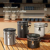 White 304 Stainless Steel Airtight Coffee Canister 1200ml Vacuum Seal Storage Jar with Date Tracker & Measuring Scoop for Coffee Beans Tea Storage - Front View