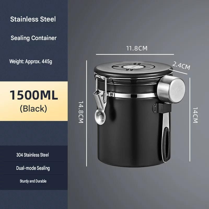 Black 304 Stainless Steel Airtight Coffee Canister 1500ml Vacuum Seal Storage Jar with Date Tracker & Measuring Scoop for Coffee Beans Tea Storage