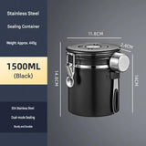 Black 304 Stainless Steel Airtight Coffee Canister 1500ml Vacuum Seal Storage Jar with Date Tracker & Measuring Scoop for Coffee Beans Tea Storage - Low Angle