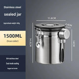 Silver 304 Stainless Steel Airtight Coffee Canister 1500ml Vacuum Seal Storage Jar with Date Tracker & Measuring Scoop for Coffee Beans Tea Storage - Close-Up Angle