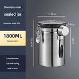 Silver 304 Stainless Steel Airtight Coffee Canister 1800ml Vacuum Seal Storage Jar with Date Tracker & Measuring Scoop for Coffee Beans Tea Storage - Close-Up Angle