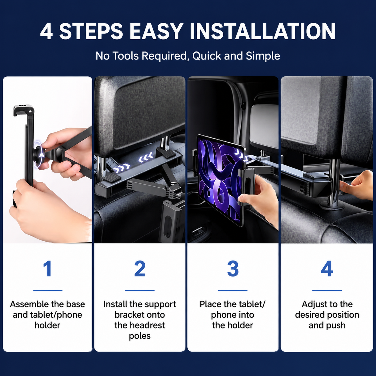 360° Rotating Car Back Seat Tablet & Phone Holder – Adjustable Headrest Mount for 4.7–12.9 Inch Devices, Universal Car Rear Entertainment Stand