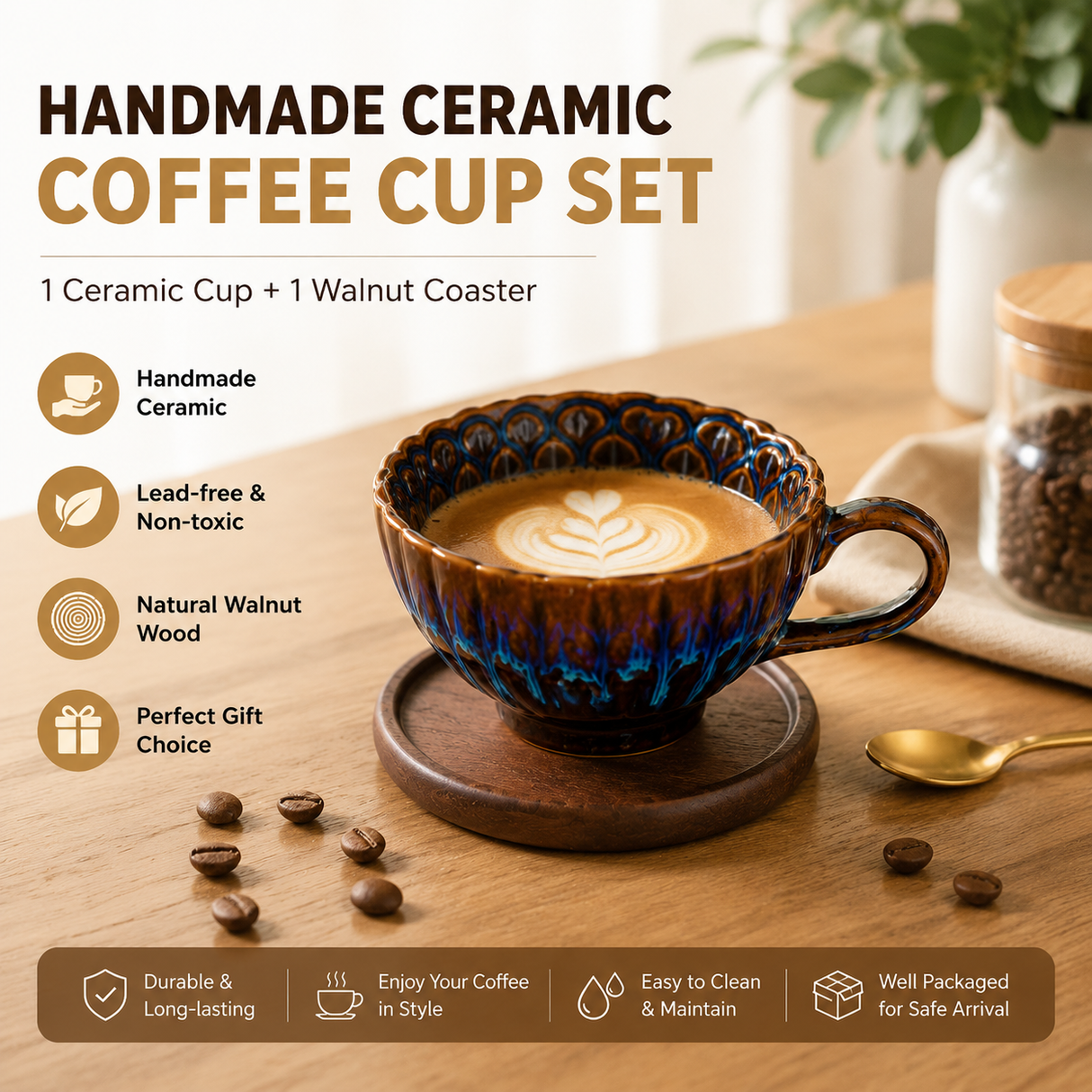 Blue Handmade Ceramic Coffee Cup Set with Walnut Coaster – Kiln-Glazed Espresso Mug 180ml, Premium Coffee & Tea Cup Gift Set