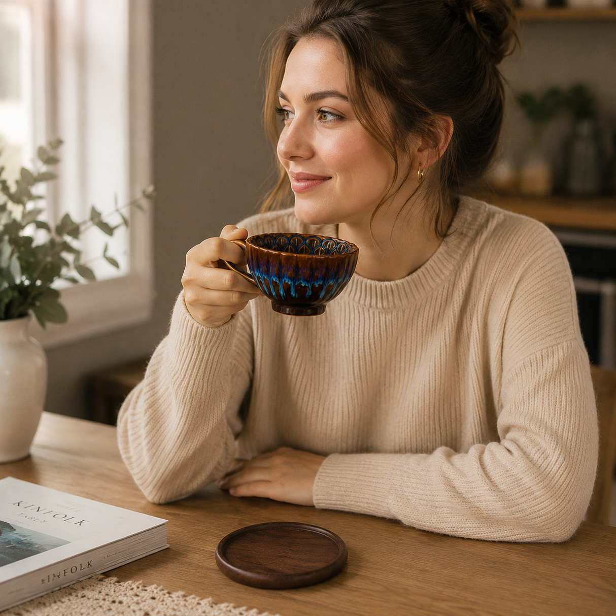 Blue Handmade Ceramic Coffee Cup Set with Walnut Coaster – Kiln-Glazed Espresso Mug 180ml, Premium Coffee & Tea Cup Gift Set