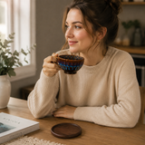 Blue Handmade Ceramic Coffee Cup Set with Walnut Coaster – Kiln-Glazed Espresso Mug 180ml, Premium Coffee & Tea Cup Gift Set - Front View