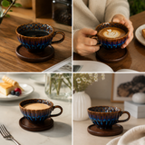 Blue Handmade Ceramic Coffee Cup Set with Walnut Coaster – Kiln-Glazed Espresso Mug 180ml, Premium Coffee & Tea Cup Gift Set - Side View