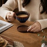 Blue Handmade Ceramic Coffee Cup Set with Walnut Coaster – Kiln-Glazed Espresso Mug 180ml, Premium Coffee & Tea Cup Gift Set - Top-Down View