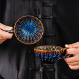 Blue Handmade Ceramic Coffee Cup Set with Walnut Coaster – Kiln-Glazed Espresso Mug 180ml, Premium Coffee & Tea Cup Gift Set - 45-Degree Angle