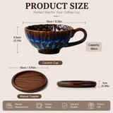 Blue Handmade Ceramic Coffee Cup Set with Walnut Coaster – Kiln-Glazed Espresso Mug 180ml, Premium Coffee & Tea Cup Gift Set - Rear View