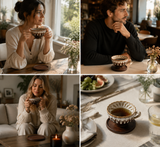 Brown and white Handmade Ceramic Coffee Cup Set with Walnut Coaster – Kiln-Glazed Espresso Mug 180ml, Premium Coffee & Tea Cup Gift Set - Side View