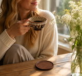 Brown and white Handmade Ceramic Coffee Cup Set with Walnut Coaster – Kiln-Glazed Espresso Mug 180ml, Premium Coffee & Tea Cup Gift Set - Top-Down View