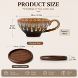 Brown and white Handmade Ceramic Coffee Cup Set with Walnut Coaster – Kiln-Glazed Espresso Mug 180ml, Premium Coffee & Tea Cup Gift Set - Rear View