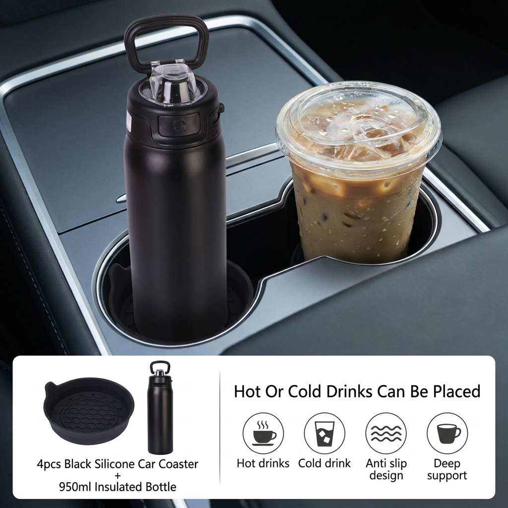 950ml Insulated Stainless Steel Bottle with 4PCS Silicone Anti-Slip Car Cup Coasters – Leakproof Travel Drink Set for Car & Home Use