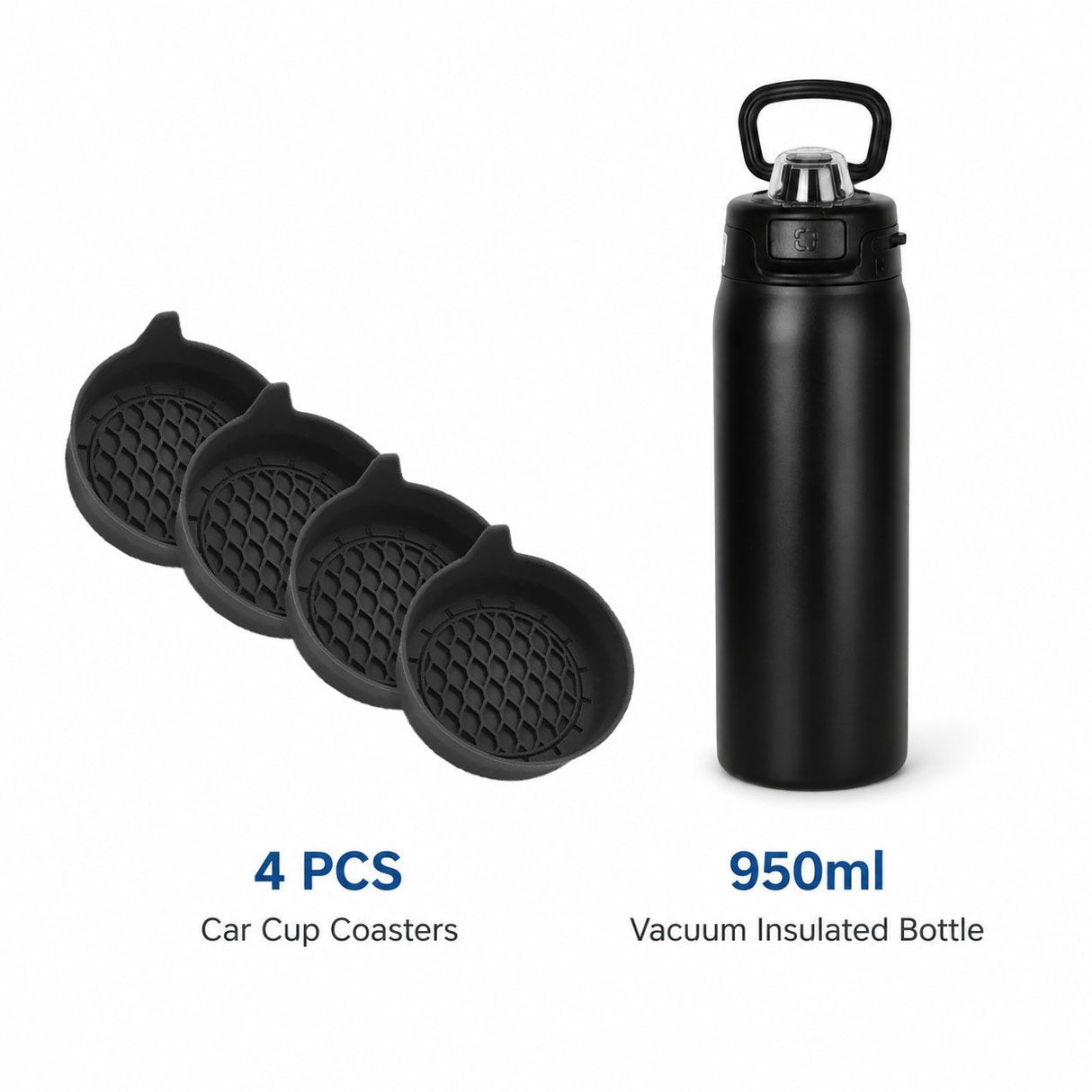 950ml Insulated Stainless Steel Bottle with 4PCS Silicone Anti-Slip Car Cup Coasters – Leakproof Travel Drink Set for Car & Home Use