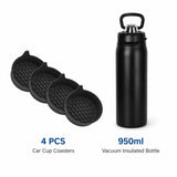 950ml Insulated Stainless Steel Bottle with 4PCS Silicone Anti-Slip Car Cup Coasters – Leakproof Travel Drink Set for Car & Home Use - Side View