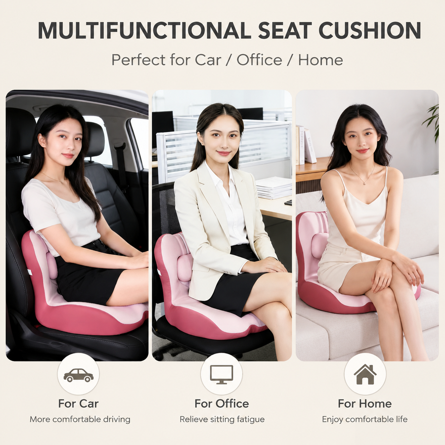 Ergonomic Memory Foam Seat Cushion with Pink Support Integrated One Piece Design Pressure Relief Chair Cushion Black for Office Car Home Use