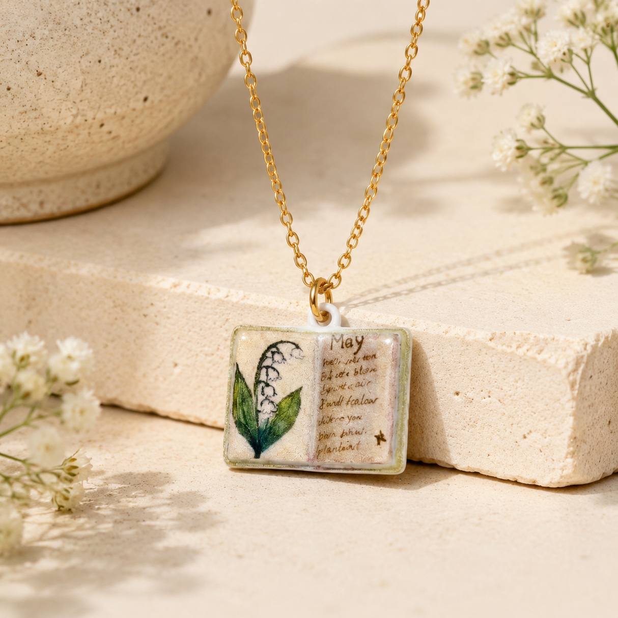 Vintage-style book necklace with May birthday flowers, a luxurious gold-plated bronze exquisite floral pendant gift