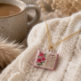 Vintage-style book necklace with June birthday flowers, a luxurious gold-plated bronze exquisite floral pendant gift - Front View