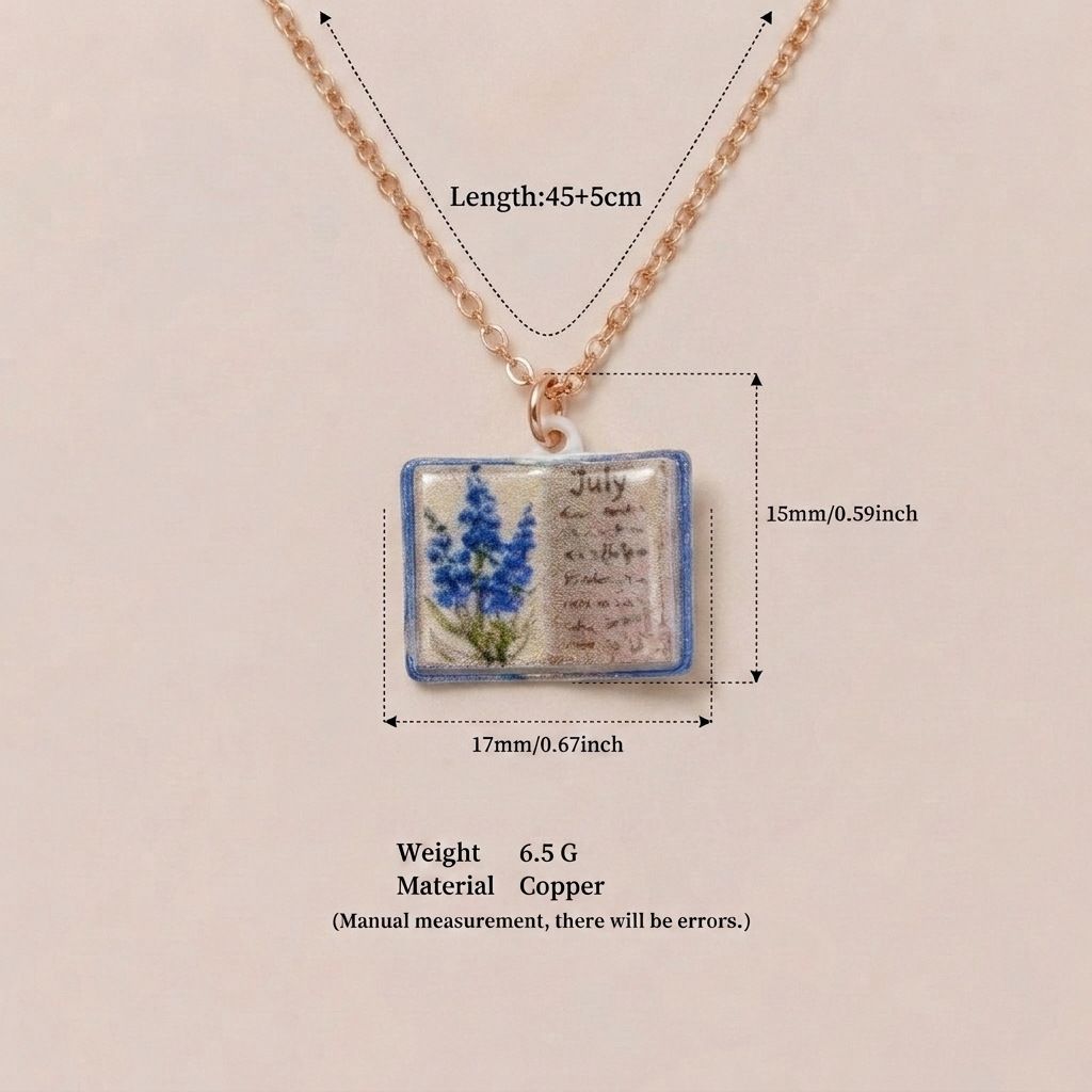 Vintage-style book necklace with July birthday flowers, a luxurious gold-plated bronze exquisite floral pendant gift