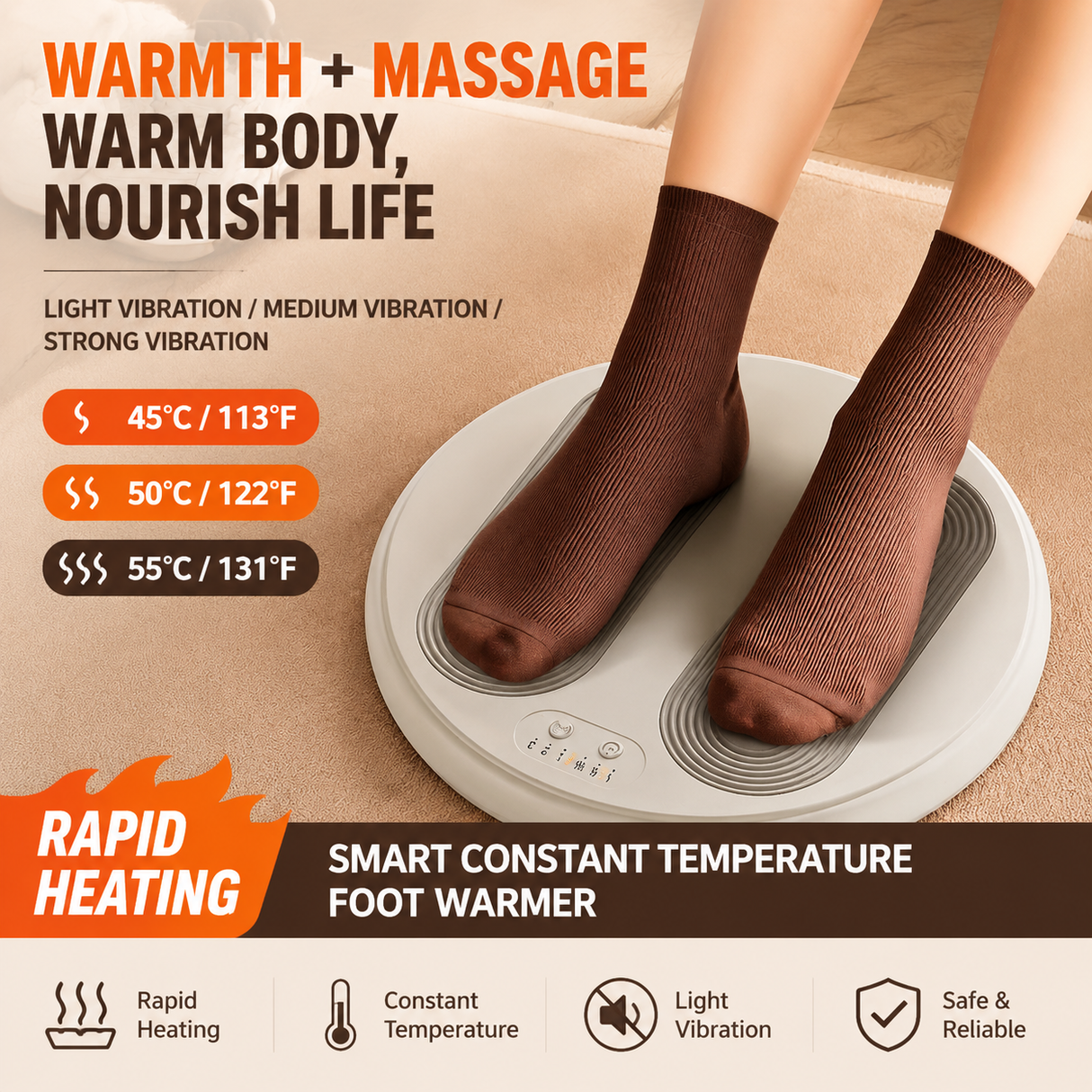 Beige USB Heated Foot Massager Foot Warmer Mat Electric Foot Heating Pad with Vibration Modes 3 Heat Levels 45C 50C 55C for Home Office Winter Comfort Portable Compact Design