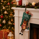 Christmas Reindeer Hanging Stocking - Festive Green Christmas Reindeer Design Hanging Sock with Dangling Legs Plush Holiday Fireplace Tree Decoration Gift Storage Bag for Home Seasonal Decor